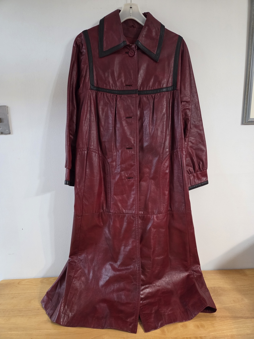 Vintage Burgundy Leather Trench Coat with Black Trim Made In Korea